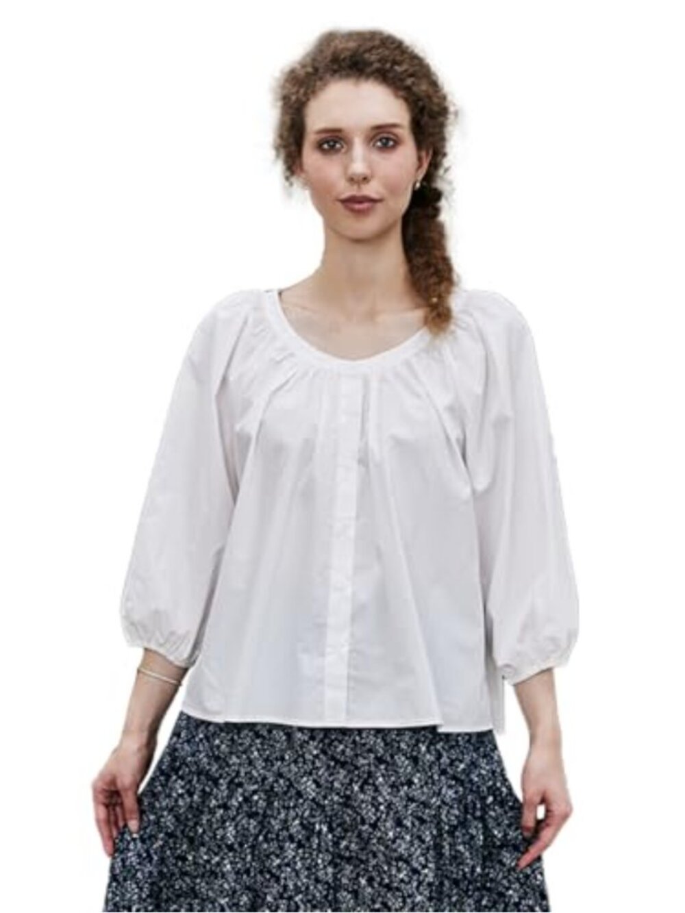 Victorian Cotton Puff Sleeve Blouse 3/4 Sleeve Loose Fit Button Closure
